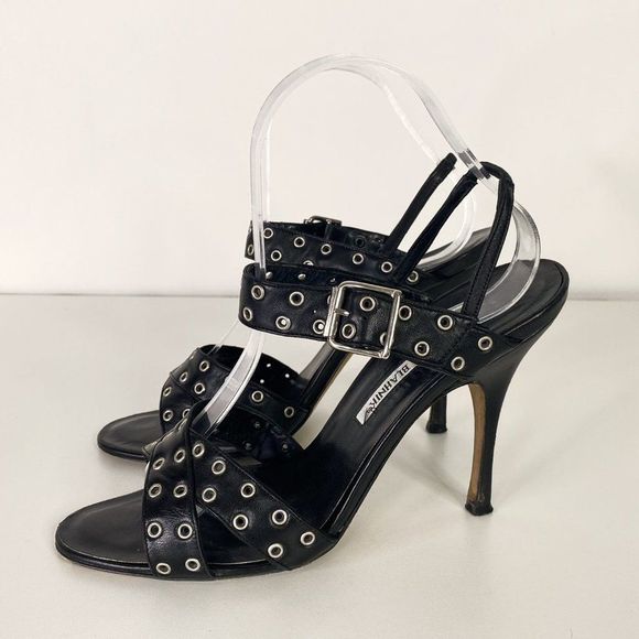 Manolo Blahnik Black Strappy Leather Heels with Silver Grommet Details - Picture 3 of 7